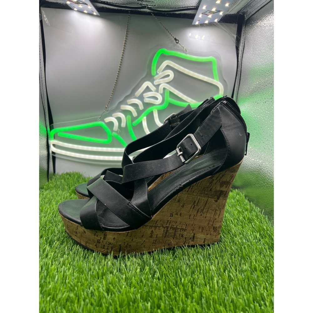 Express Womens Black Strappy Wedge Sandals Cork Heel Zipper Closure Size 7‎